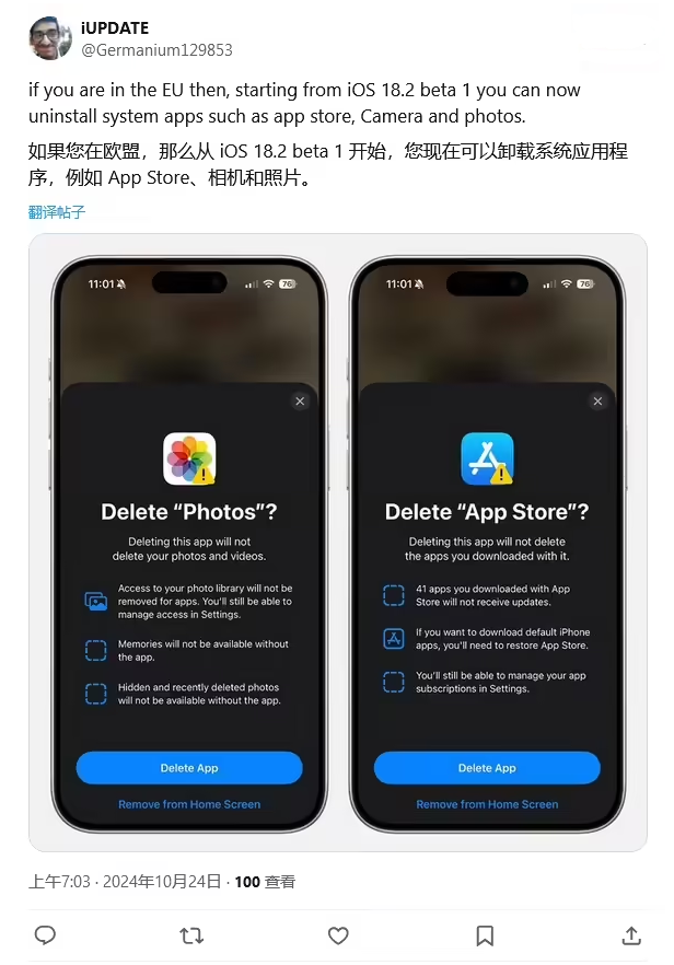 鼎城苹果手机维修分享iOS 18.2 支持删除 App Store 应用商店 