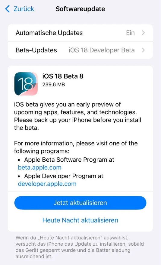 鼎城苹果手机维修分享苹果 iOS / iPadOS 18 开发者预览版 Beta 8 发布 